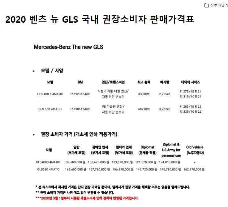 벤츠 GLS 트림별 가격, 옵션구성표 나왔습니다~~~ 게시글 썸네일
