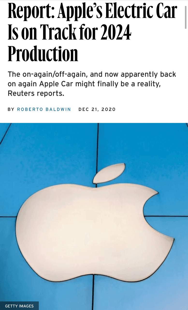 ?Apple Car 2024생산개시목표(Reuters) 게시글 썸네일
