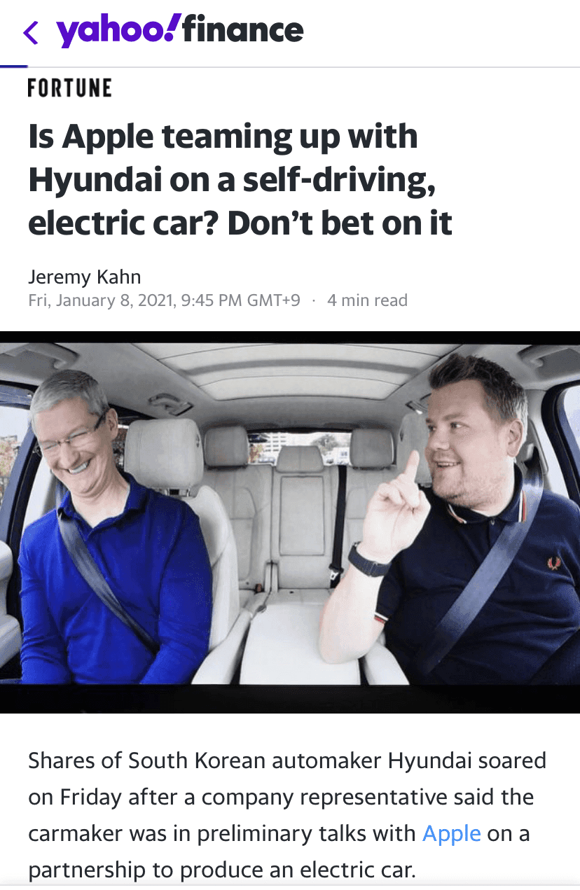 현대차와 애플 협의—여러 외신 종합해 볼 때— 게시글 썸네일