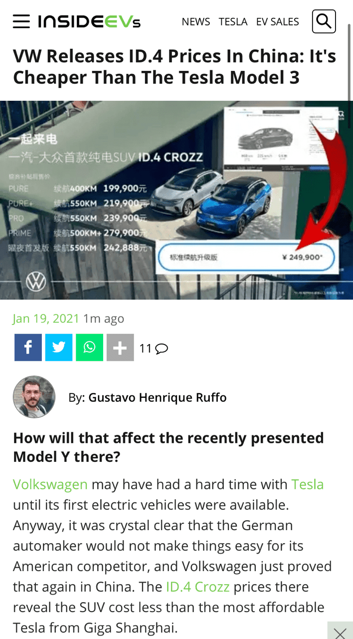 폭스바겐 ID4 중국에서 가격 공시(모델3 저격)  게시글 썸네일