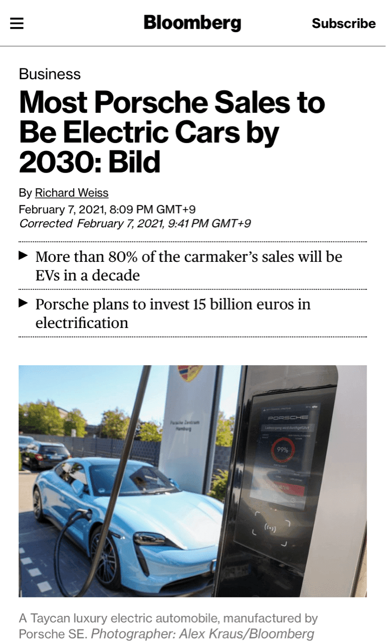 (블룸버그) 포르쉐 전기차 20조 투자  게시글 썸네일