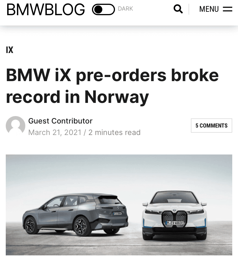 (BMW) IX 노르웨이 사전 예약 신기록 경신  게시글 썸네일