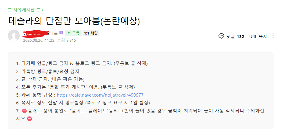 현재 논란중인 테슬라 카페에 올라온 테슬라 단점 모음  게시글 썸네일