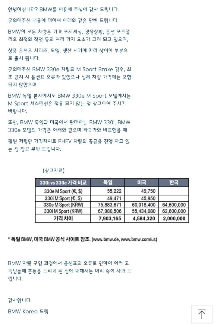 330e m spt 옵션누락 BMW코리아 답변 게시글 썸네일