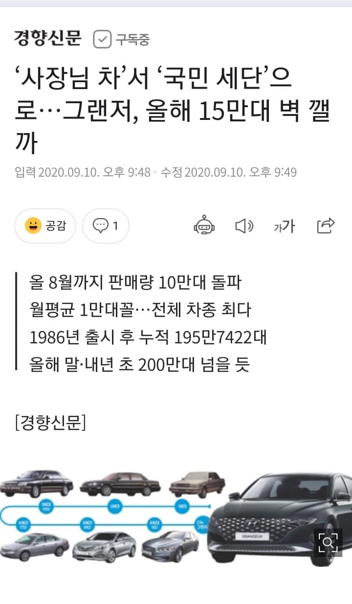국민차 그랜져 판매 10만대 돌파 게시글 썸네일
