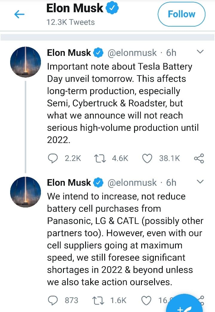 테슬라 배터리데이 D-1, 일론 머스크의 트윗. 게시글 썸네일